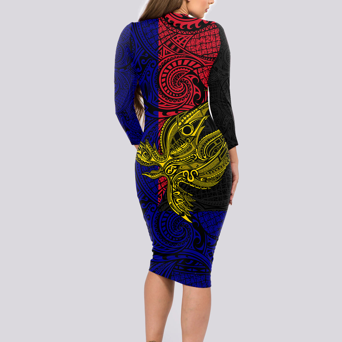 Personalised Papua New Guinea West New Britain Province Long Sleeve Bodycon Dress PNG Birds Of Paradise Polynesian Arty Style LT03 - Polynesian Pride