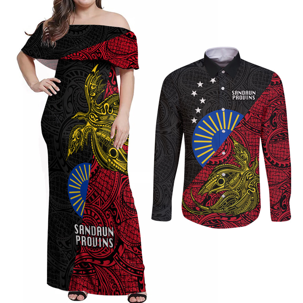 Papua New Guinea Sandaun Province Couples Matching Off Shoulder Maxi Dress and Long Sleeve Button Shirts PNG Birds Of Paradise Polynesian Arty Style LT03 Red - Polynesian Pride