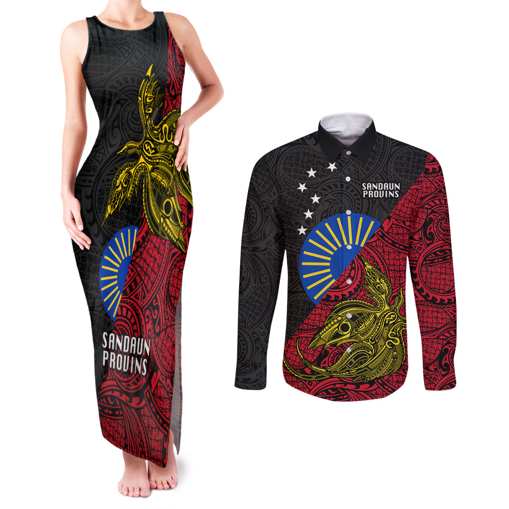 Papua New Guinea Sandaun Province Couples Matching Tank Maxi Dress and Long Sleeve Button Shirts PNG Birds Of Paradise Polynesian Arty Style LT03 Red - Polynesian Pride