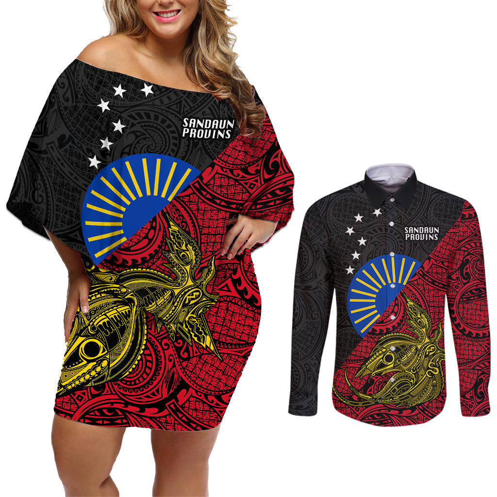 Personalised Papua New Guinea Sandaun Province Couples Matching Off Shoulder Short Dress and Long Sleeve Button Shirts PNG Birds Of Paradise Polynesian Arty Style LT03 Red - Polynesian Pride