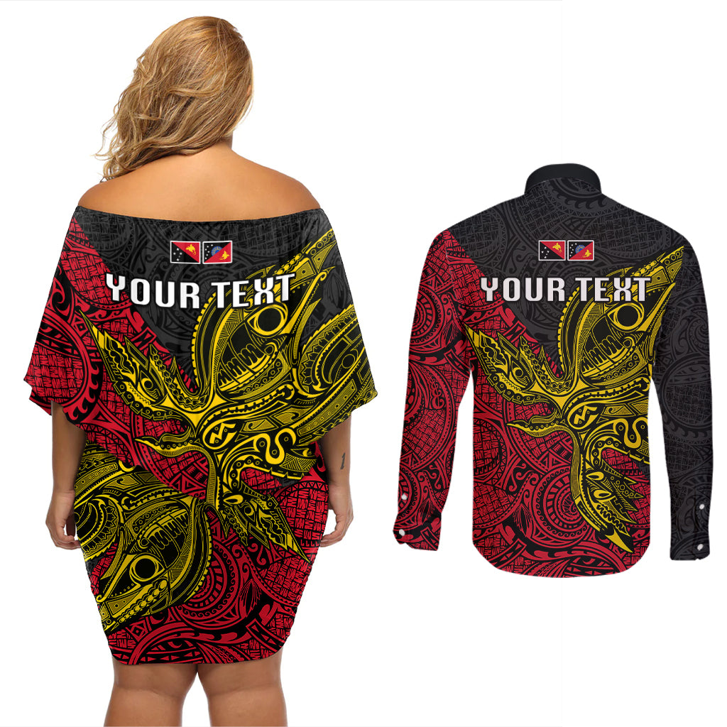Personalised Papua New Guinea Sandaun Province Couples Matching Off Shoulder Short Dress and Long Sleeve Button Shirts PNG Birds Of Paradise Polynesian Arty Style LT03 - Polynesian Pride
