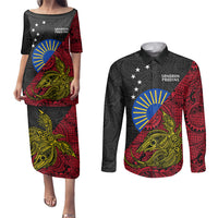 Personalised Papua New Guinea Sandaun Province Couples Matching Puletasi Dress and Long Sleeve Button Shirts PNG Birds Of Paradise Polynesian Arty Style LT03 Red - Polynesian Pride