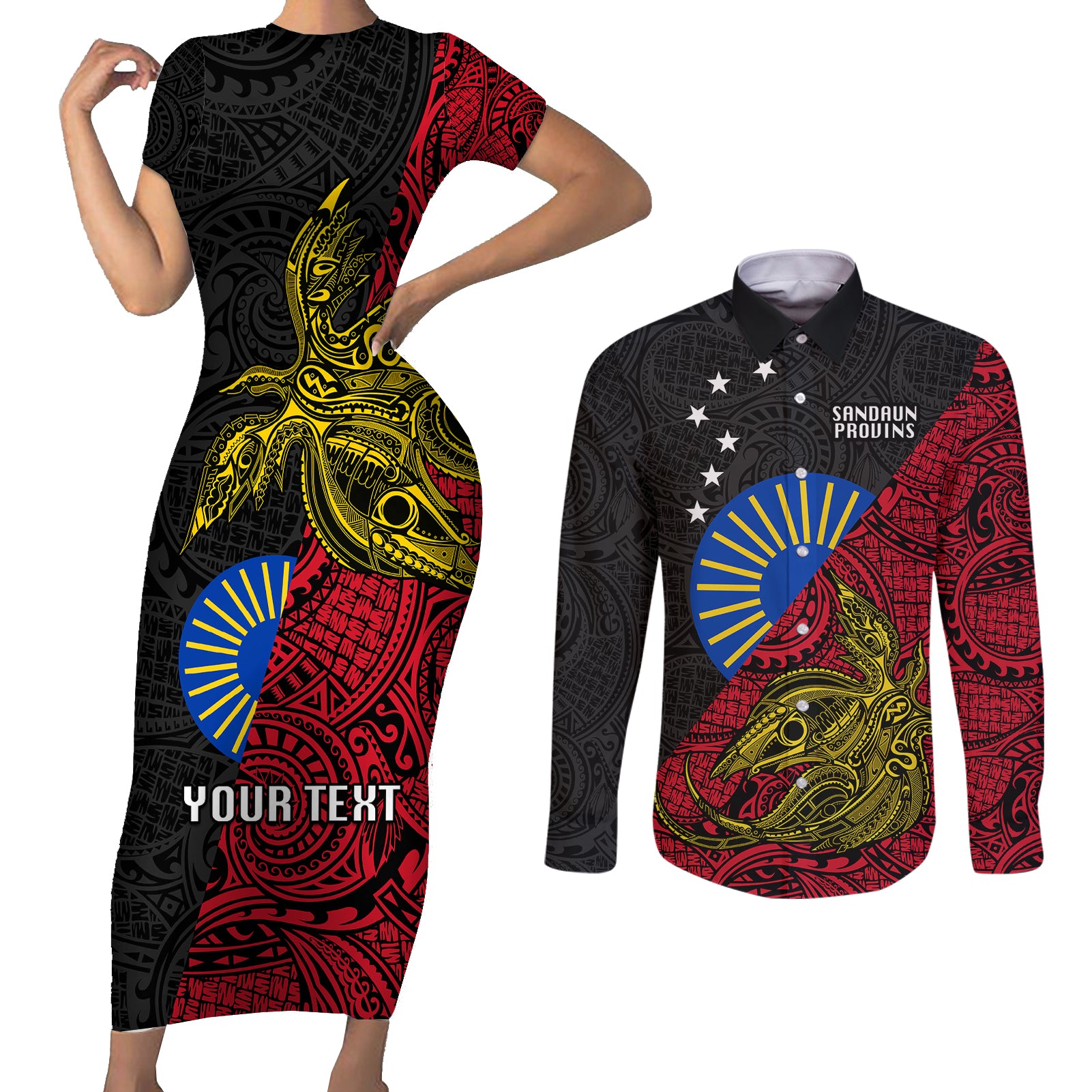 Personalised Papua New Guinea Sandaun Province Couples Matching Short Sleeve Bodycon Dress and Long Sleeve Button Shirts PNG Birds Of Paradise Polynesian Arty Style LT03 Red - Polynesian Pride