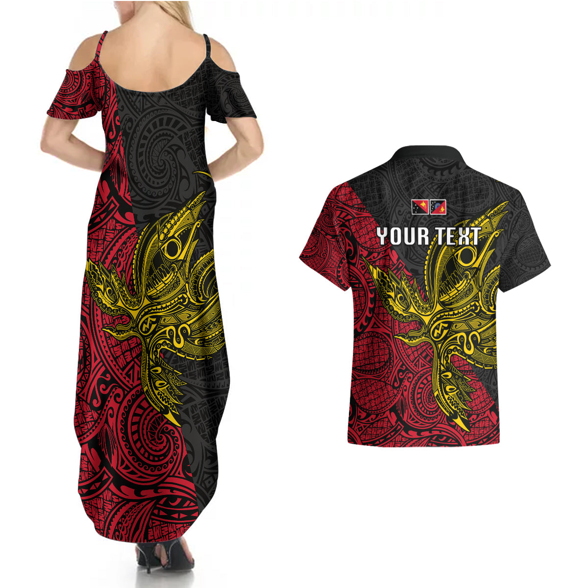 Personalised Papua New Guinea Sandaun Province Couples Matching Summer Maxi Dress and Hawaiian Shirt PNG Birds Of Paradise Polynesian Arty Style LT03 - Polynesian Pride