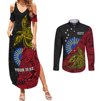 Personalised Papua New Guinea Sandaun Province Couples Matching Summer Maxi Dress and Long Sleeve Button Shirts PNG Birds Of Paradise Polynesian Arty Style LT03 Red - Polynesian Pride