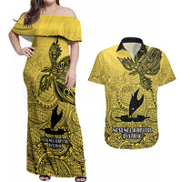 Papua New Guinea National Capital District Couples Matching Off Shoulder Maxi Dress and Hawaiian Shirt PNG Birds Of Paradise Polynesian Arty Style LT03 Yellow - Polynesian Pride