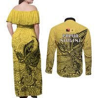 Papua New Guinea National Capital District Couples Matching Off Shoulder Maxi Dress and Long Sleeve Button Shirts PNG Birds Of Paradise Polynesian Arty Style LT03 - Polynesian Pride