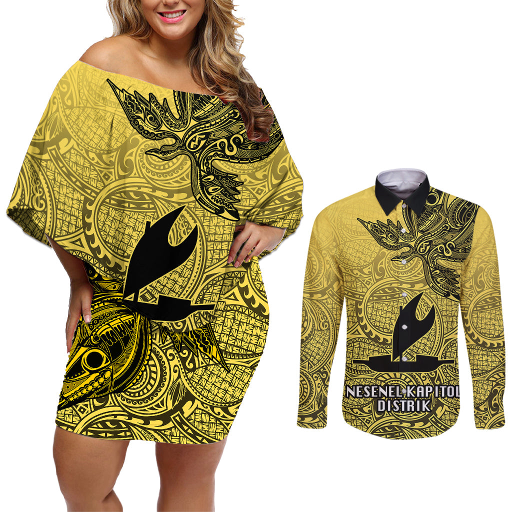 Papua New Guinea National Capital District Couples Matching Off Shoulder Short Dress and Long Sleeve Button Shirts PNG Birds Of Paradise Polynesian Arty Style LT03 Yellow - Polynesian Pride