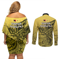 Papua New Guinea National Capital District Couples Matching Off Shoulder Short Dress and Long Sleeve Button Shirts PNG Birds Of Paradise Polynesian Arty Style LT03 - Polynesian Pride
