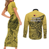 Papua New Guinea National Capital District Couples Matching Short Sleeve Bodycon Dress and Long Sleeve Button Shirts PNG Birds Of Paradise Polynesian Arty Style LT03 - Polynesian Pride
