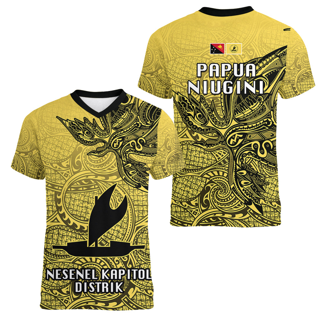 Papua New Guinea National Capital District Women V Neck T Shirt PNG Birds Of Paradise Polynesian Arty Style LT03 - Polynesian Pride