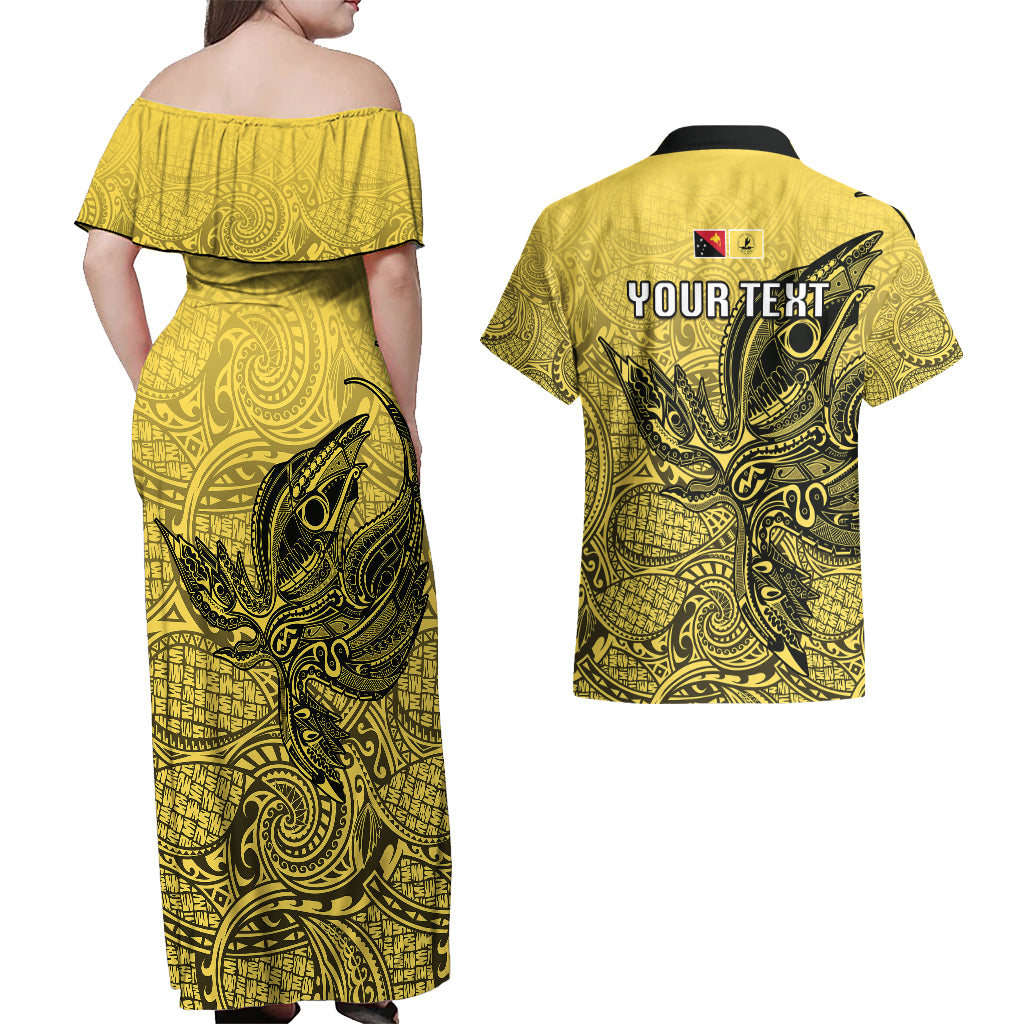 Personalised Papua New Guinea National Capital District Couples Matching Off Shoulder Maxi Dress and Hawaiian Shirt PNG Birds Of Paradise Polynesian Arty Style LT03 - Polynesian Pride