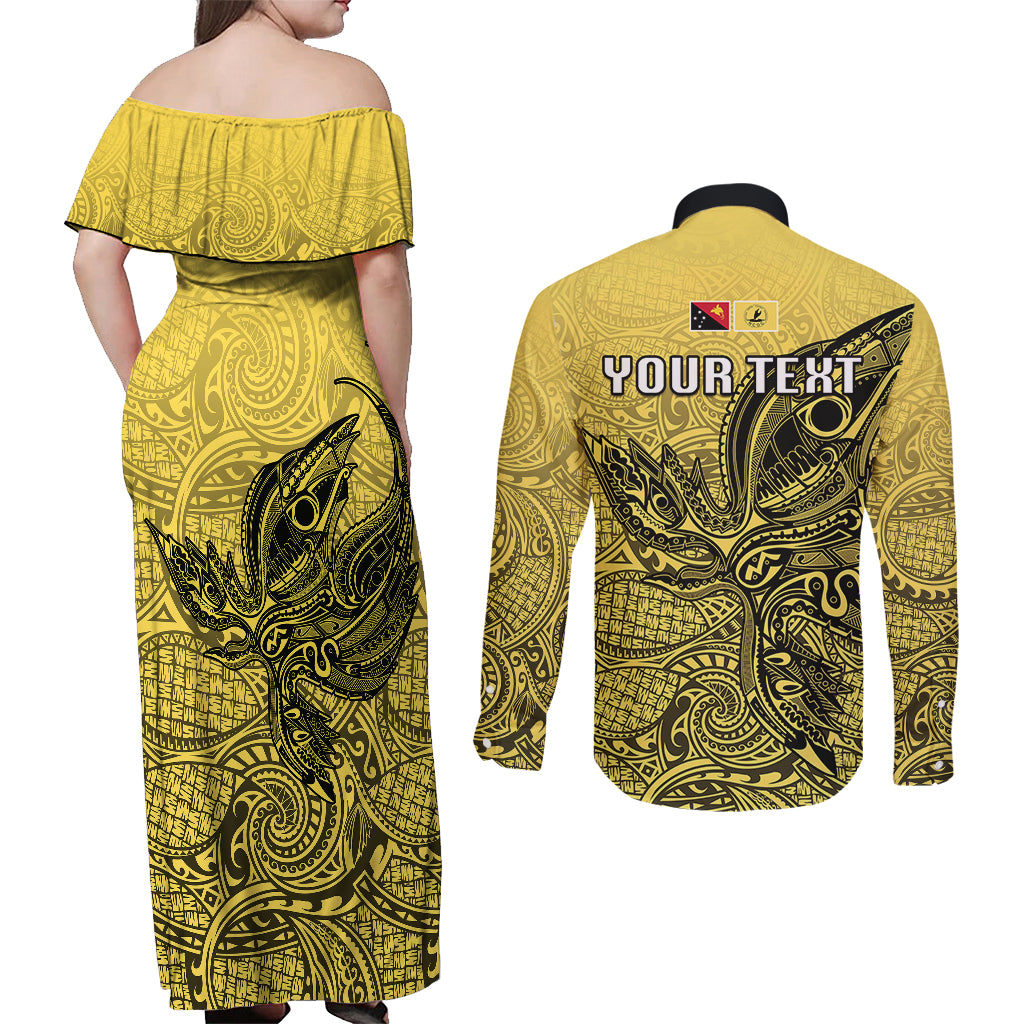 Personalised Papua New Guinea National Capital District Couples Matching Off Shoulder Maxi Dress and Long Sleeve Button Shirts PNG Birds Of Paradise Polynesian Arty Style LT03 - Polynesian Pride