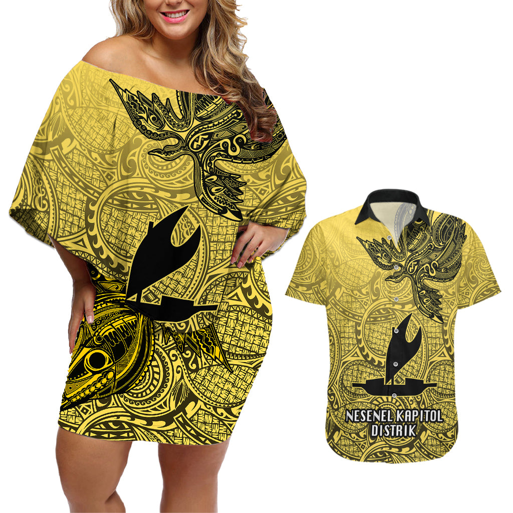 Personalised Papua New Guinea National Capital District Couples Matching Off Shoulder Short Dress and Hawaiian Shirt PNG Birds Of Paradise Polynesian Arty Style LT03 Yellow - Polynesian Pride