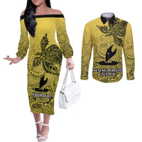 Personalised Papua New Guinea National Capital District Couples Matching Off The Shoulder Long Sleeve Dress and Long Sleeve Button Shirts PNG Birds Of Paradise Polynesian Arty Style LT03 Yellow - Polynesian Pride