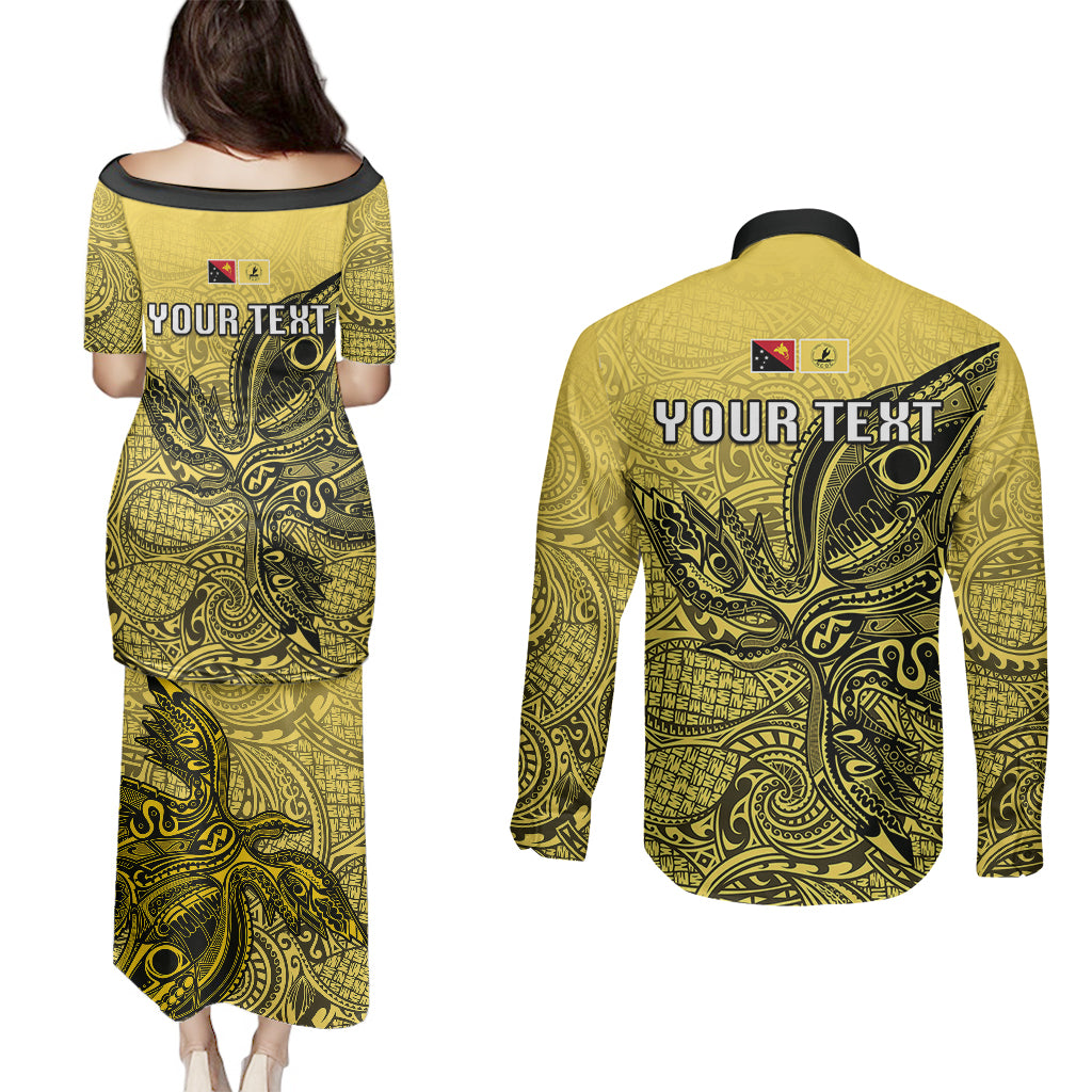 Personalised Papua New Guinea National Capital District Couples Matching Puletasi Dress and Long Sleeve Button Shirts PNG Birds Of Paradise Polynesian Arty Style LT03 - Polynesian Pride