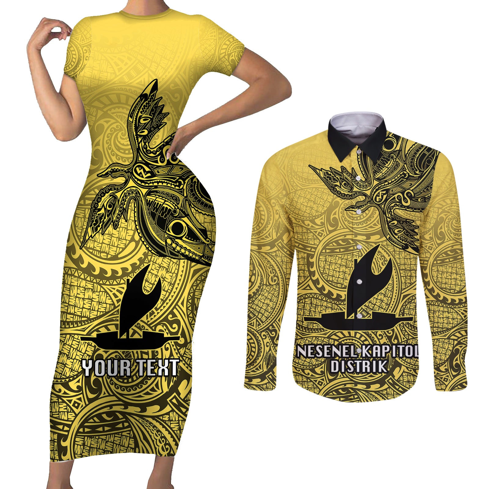 Personalised Papua New Guinea National Capital District Couples Matching Short Sleeve Bodycon Dress and Long Sleeve Button Shirts PNG Birds Of Paradise Polynesian Arty Style LT03 Yellow - Polynesian Pride