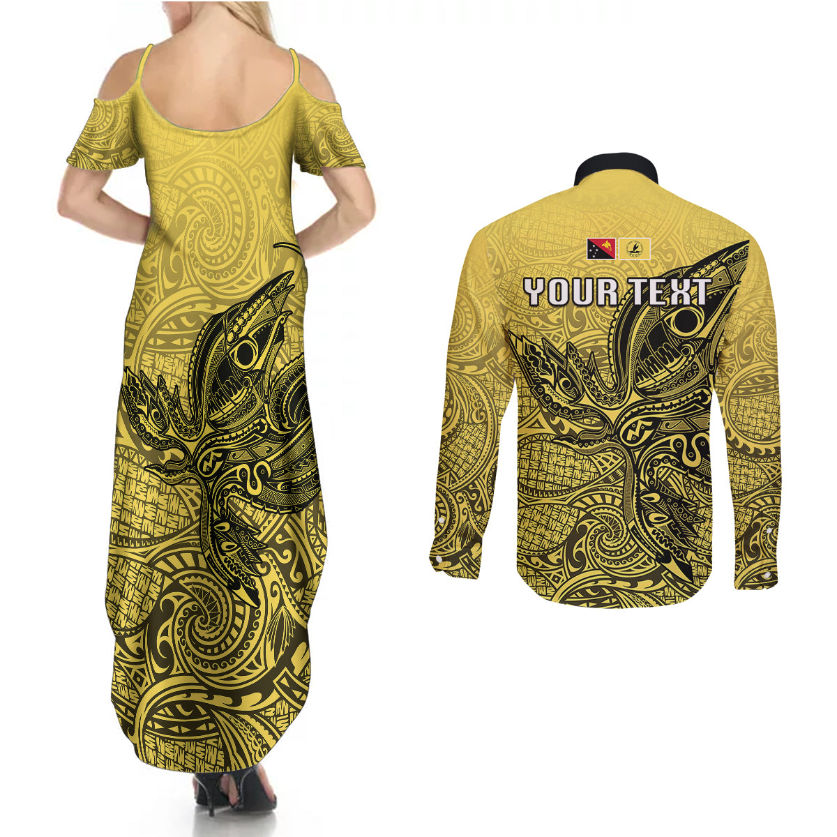 Personalised Papua New Guinea National Capital District Couples Matching Summer Maxi Dress and Long Sleeve Button Shirts PNG Birds Of Paradise Polynesian Arty Style LT03 - Polynesian Pride