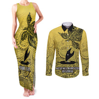Personalised Papua New Guinea National Capital District Couples Matching Tank Maxi Dress and Long Sleeve Button Shirts PNG Birds Of Paradise Polynesian Arty Style LT03 Yellow - Polynesian Pride