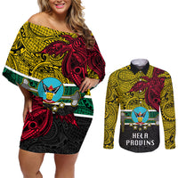 Papua New Guinea Hela Province Couples Matching Off Shoulder Short Dress and Long Sleeve Button Shirts PNG Birds Of Paradise Polynesian Arty Style LT03 Yellow - Polynesian Pride