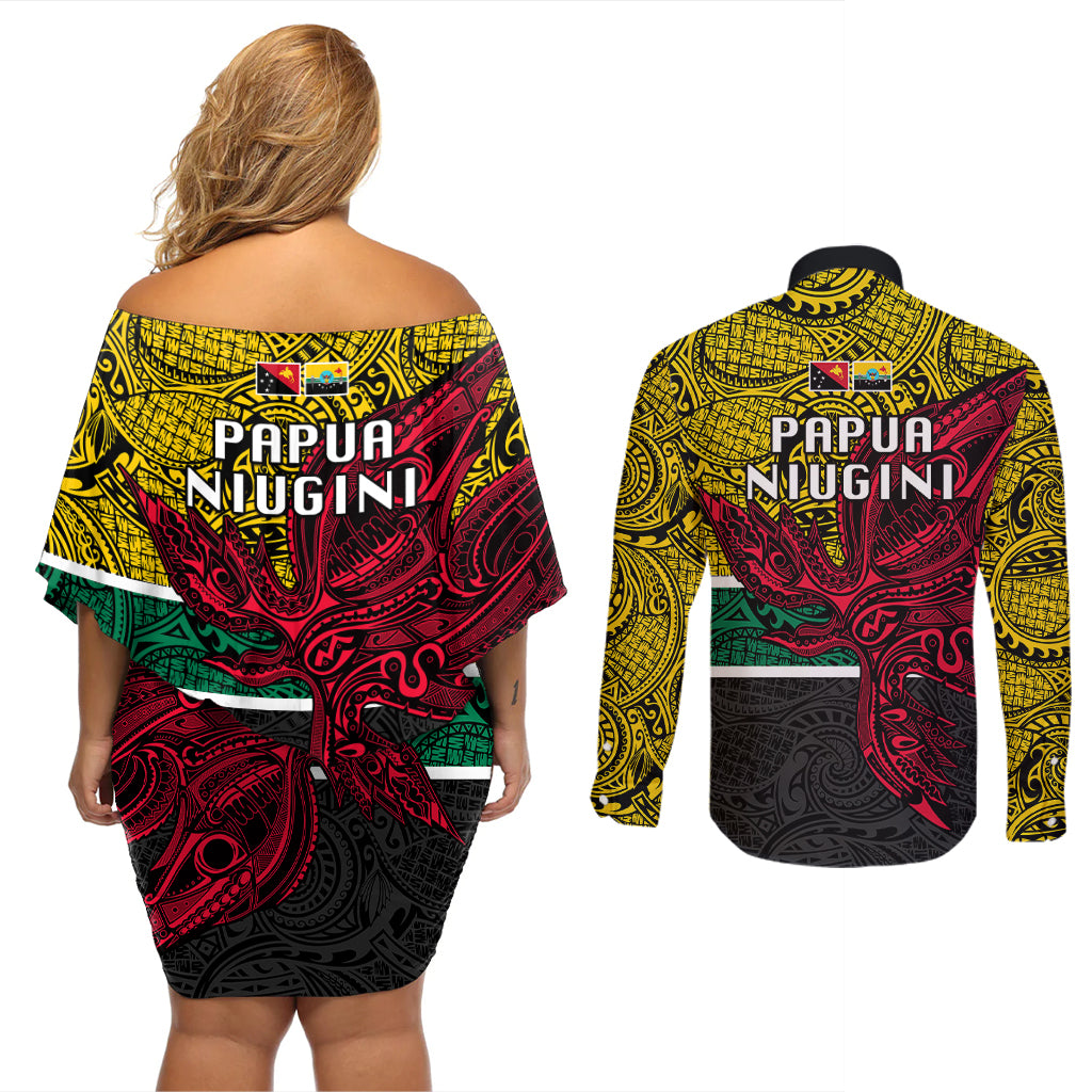 Papua New Guinea Hela Province Couples Matching Off Shoulder Short Dress and Long Sleeve Button Shirts PNG Birds Of Paradise Polynesian Arty Style LT03 - Polynesian Pride