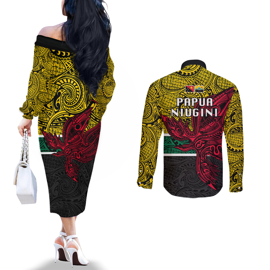 Papua New Guinea Hela Province Couples Matching Off The Shoulder Long Sleeve Dress and Long Sleeve Button Shirts PNG Birds Of Paradise Polynesian Arty Style LT03 - Polynesian Pride