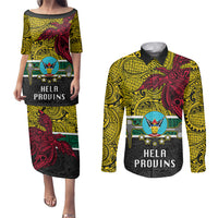 Papua New Guinea Hela Province Couples Matching Puletasi Dress and Long Sleeve Button Shirts PNG Birds Of Paradise Polynesian Arty Style LT03 Yellow - Polynesian Pride