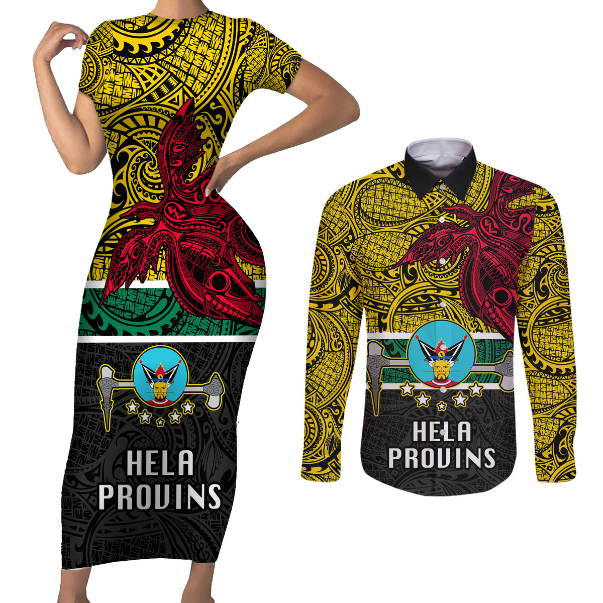 Papua New Guinea Hela Province Couples Matching Short Sleeve Bodycon Dress and Long Sleeve Button Shirts PNG Birds Of Paradise Polynesian Arty Style LT03 Yellow - Polynesian Pride