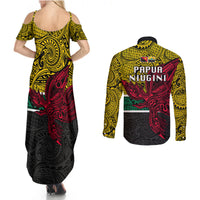 Papua New Guinea Hela Province Couples Matching Summer Maxi Dress and Long Sleeve Button Shirts PNG Birds Of Paradise Polynesian Arty Style LT03 - Polynesian Pride