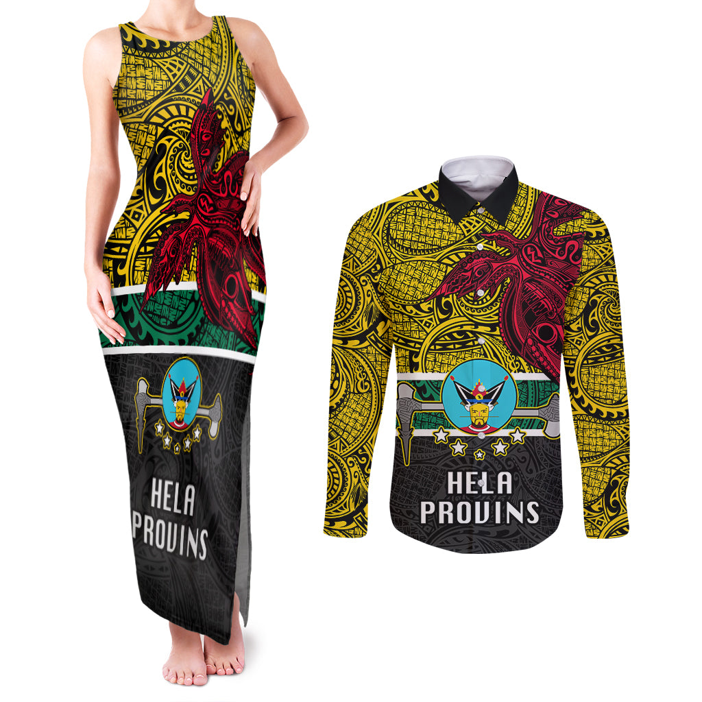 Papua New Guinea Hela Province Couples Matching Tank Maxi Dress and Long Sleeve Button Shirts PNG Birds Of Paradise Polynesian Arty Style LT03 Yellow - Polynesian Pride