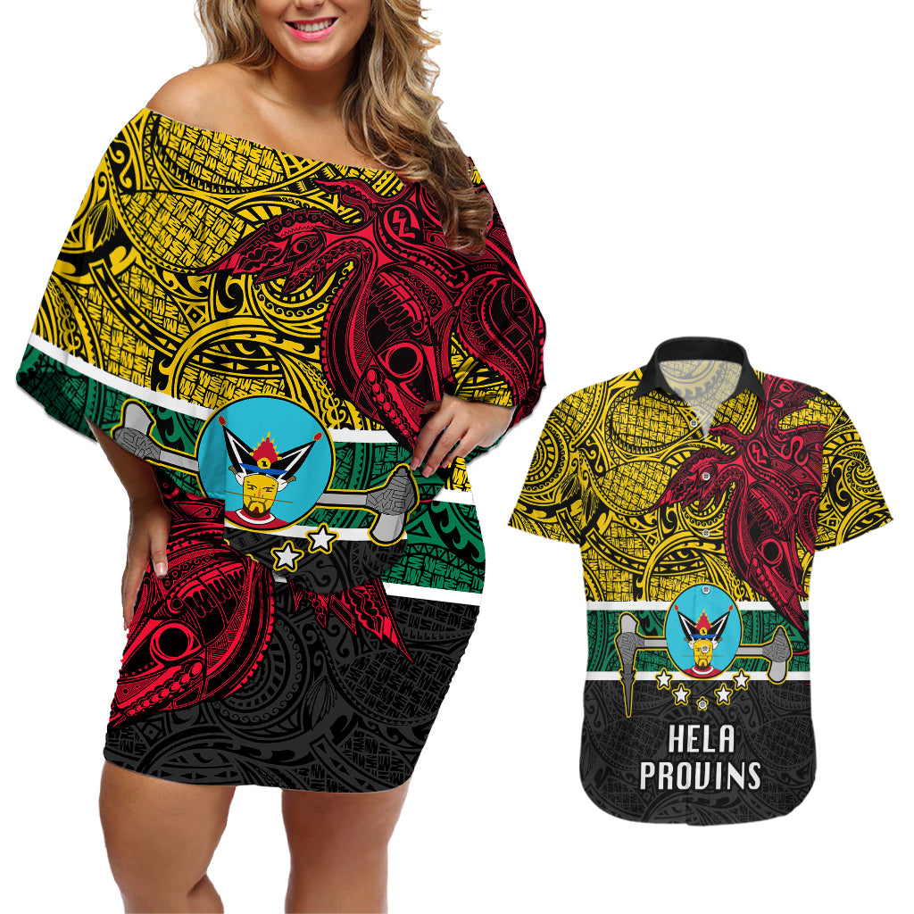 Personalised Papua New Guinea Hela Province Couples Matching Off Shoulder Short Dress and Hawaiian Shirt PNG Birds Of Paradise Polynesian Arty Style LT03 Yellow - Polynesian Pride