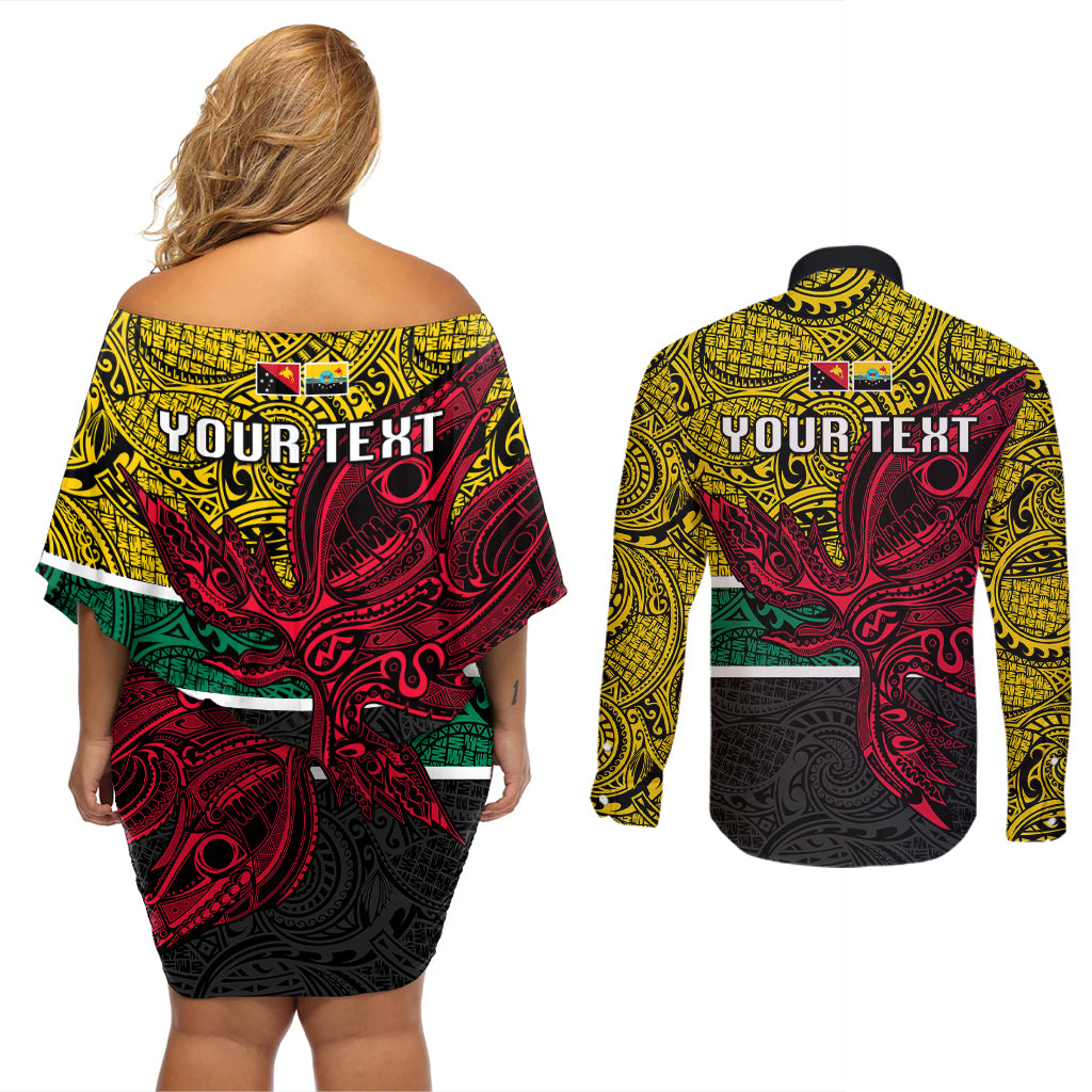 Personalised Papua New Guinea Hela Province Couples Matching Off Shoulder Short Dress and Long Sleeve Button Shirts PNG Birds Of Paradise Polynesian Arty Style LT03 - Polynesian Pride
