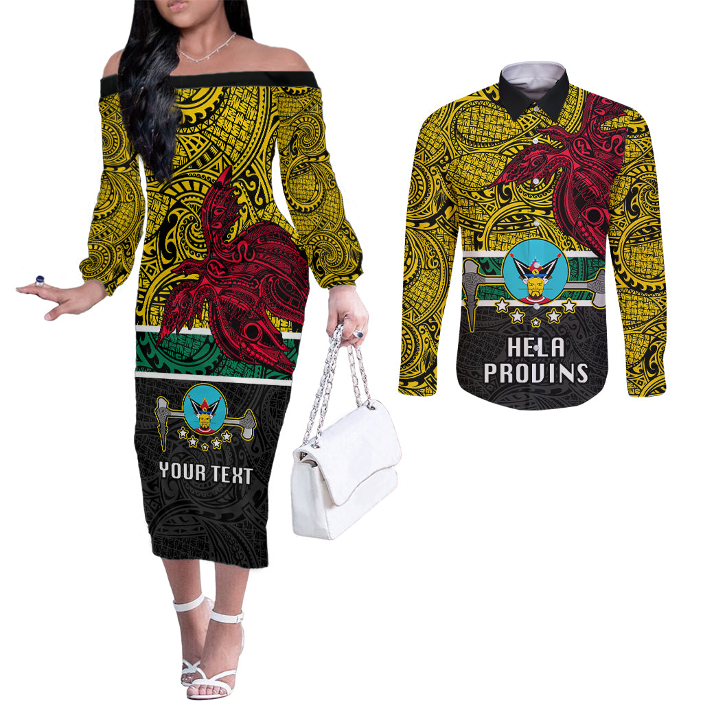 Personalised Papua New Guinea Hela Province Couples Matching Off The Shoulder Long Sleeve Dress and Long Sleeve Button Shirts PNG Birds Of Paradise Polynesian Arty Style LT03 Yellow - Polynesian Pride
