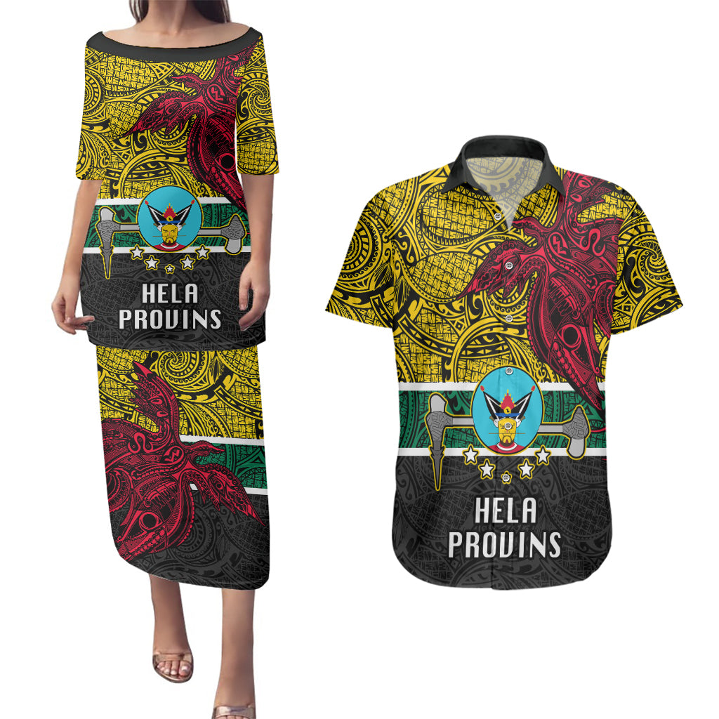 Personalised Papua New Guinea Hela Province Couples Matching Puletasi Dress and Hawaiian Shirt PNG Birds Of Paradise Polynesian Arty Style LT03 Yellow - Polynesian Pride