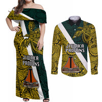 Papua New Guinea Jiwaka Province Couples Matching Off Shoulder Maxi Dress and Long Sleeve Button Shirts PNG Birds Of Paradise Polynesian Arty Style LT03 Yellow - Polynesian Pride