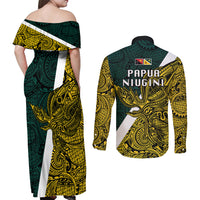 Papua New Guinea Jiwaka Province Couples Matching Off Shoulder Maxi Dress and Long Sleeve Button Shirts PNG Birds Of Paradise Polynesian Arty Style LT03 - Polynesian Pride