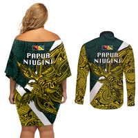Papua New Guinea Jiwaka Province Couples Matching Off Shoulder Short Dress and Long Sleeve Button Shirts PNG Birds Of Paradise Polynesian Arty Style LT03 - Polynesian Pride