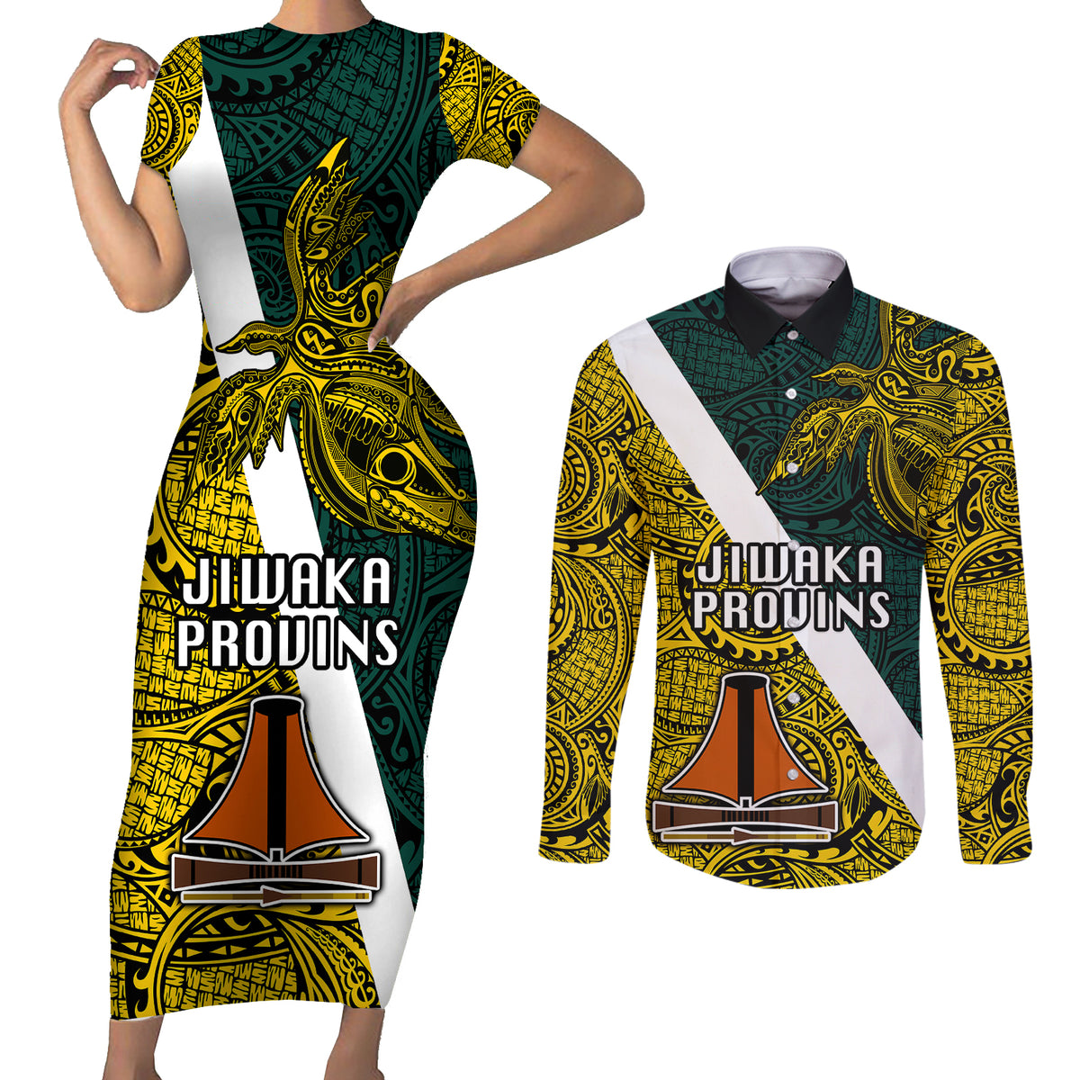 Papua New Guinea Jiwaka Province Couples Matching Short Sleeve Bodycon Dress and Long Sleeve Button Shirts PNG Birds Of Paradise Polynesian Arty Style LT03 Yellow - Polynesian Pride