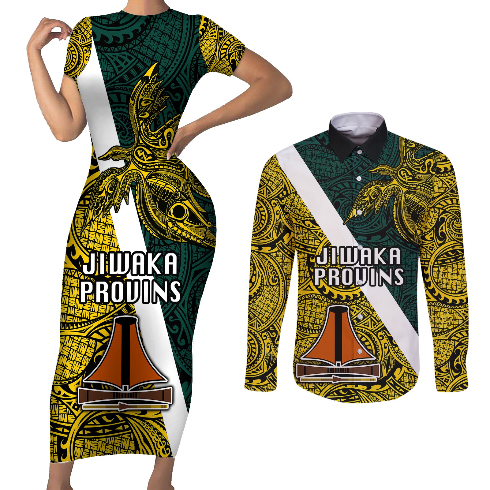 Papua New Guinea Jiwaka Province Couples Matching Short Sleeve Bodycon Dress and Long Sleeve Button Shirts PNG Birds Of Paradise Polynesian Arty Style LT03 Yellow - Polynesian Pride