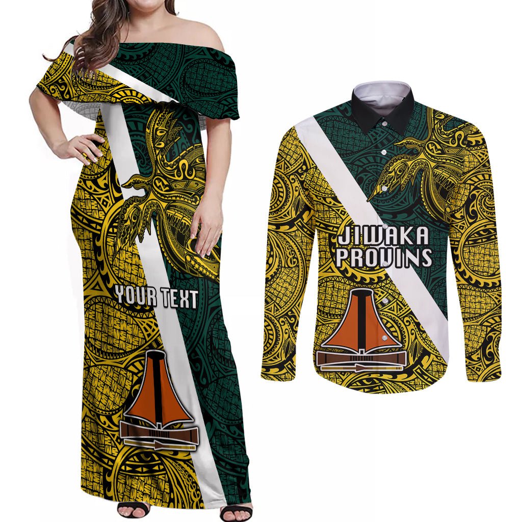 Personalised Papua New Guinea Jiwaka Province Couples Matching Off Shoulder Maxi Dress and Long Sleeve Button Shirts PNG Birds Of Paradise Polynesian Arty Style LT03 Yellow - Polynesian Pride