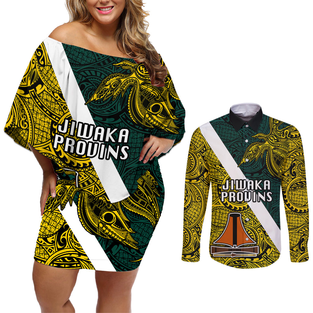 Personalised Papua New Guinea Jiwaka Province Couples Matching Off Shoulder Short Dress and Long Sleeve Button Shirts PNG Birds Of Paradise Polynesian Arty Style LT03 Yellow - Polynesian Pride