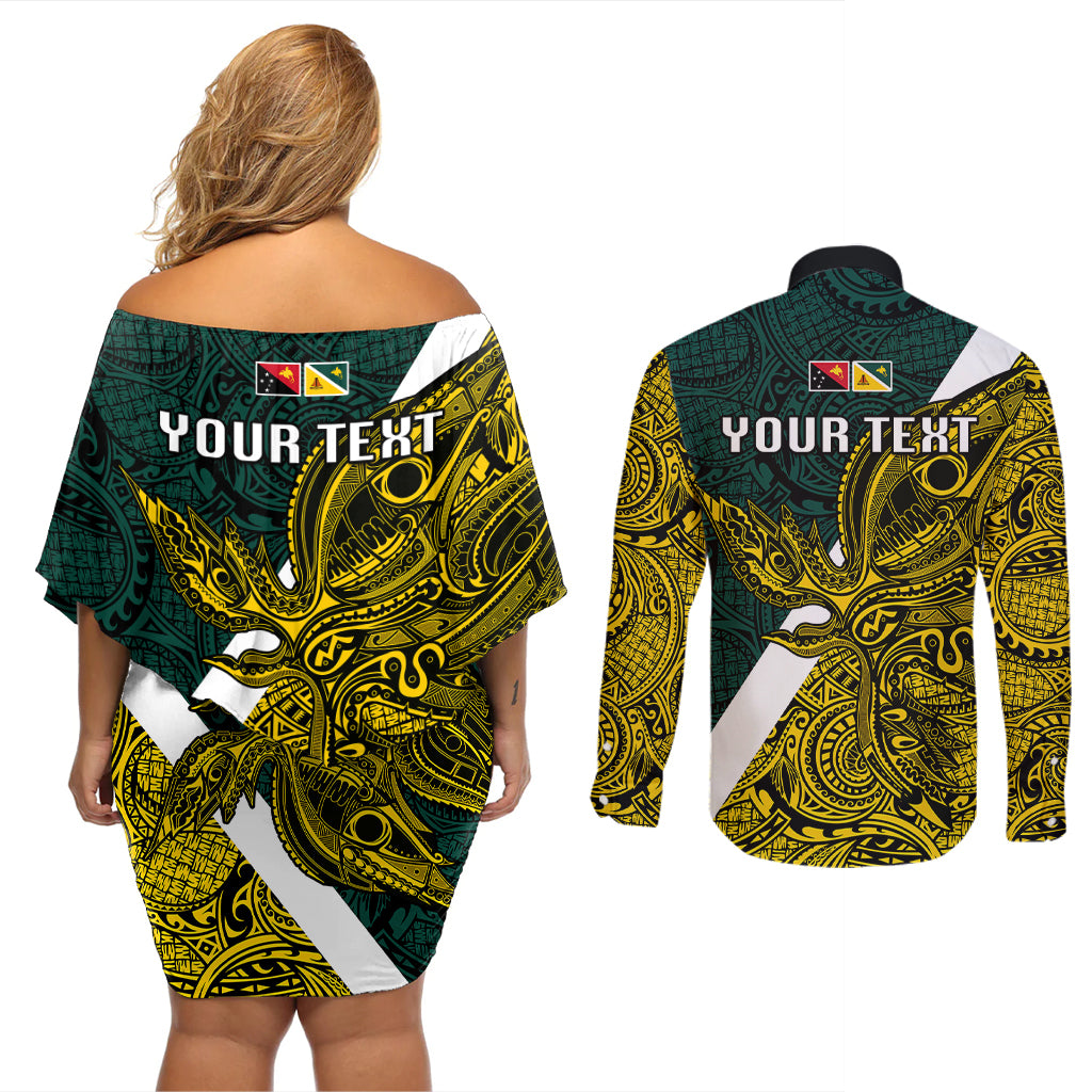 Personalised Papua New Guinea Jiwaka Province Couples Matching Off Shoulder Short Dress and Long Sleeve Button Shirts PNG Birds Of Paradise Polynesian Arty Style LT03 - Polynesian Pride