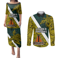 Personalised Papua New Guinea Jiwaka Province Couples Matching Puletasi Dress and Long Sleeve Button Shirts PNG Birds Of Paradise Polynesian Arty Style LT03 Yellow - Polynesian Pride