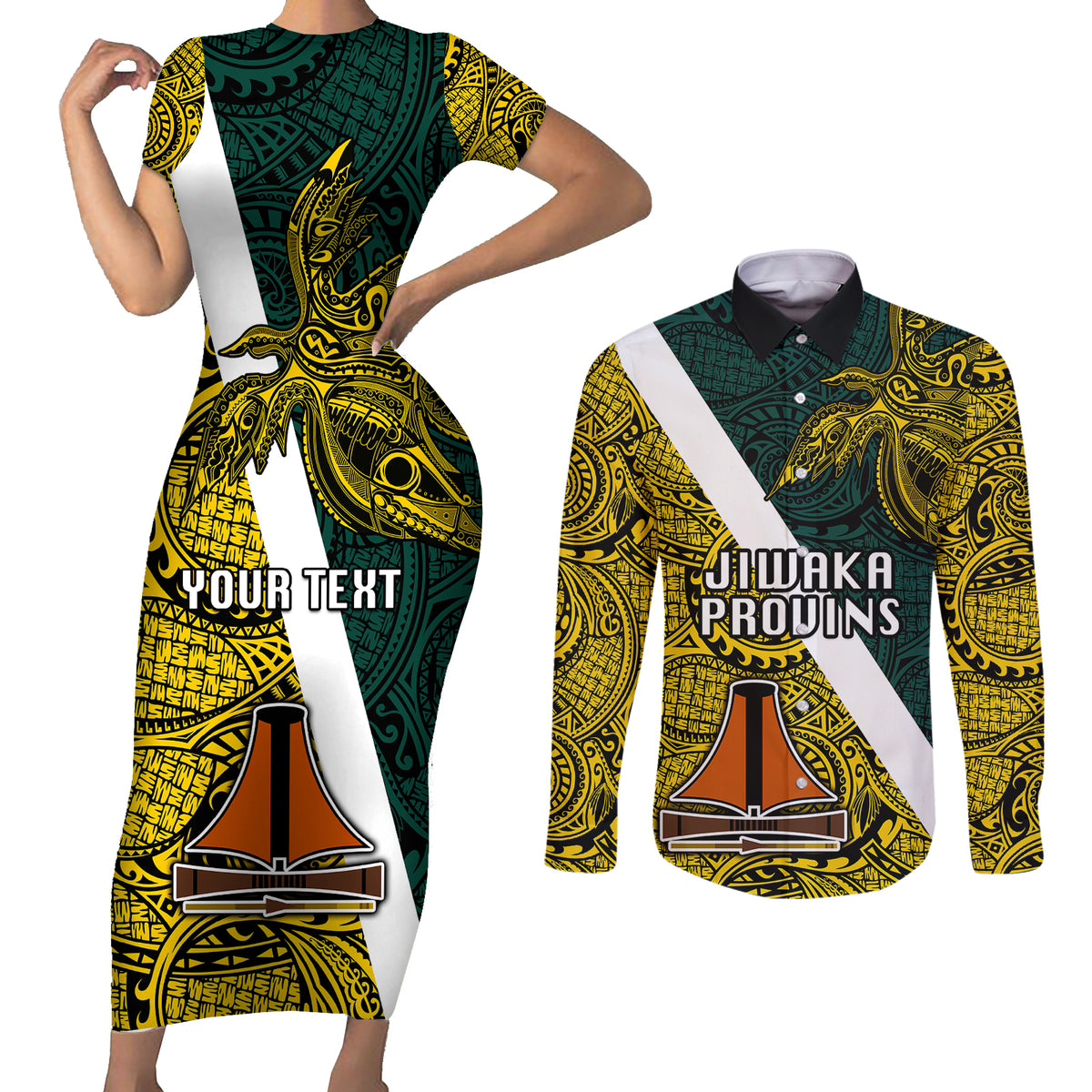 Personalised Papua New Guinea Jiwaka Province Couples Matching Short Sleeve Bodycon Dress and Long Sleeve Button Shirts PNG Birds Of Paradise Polynesian Arty Style LT03 Yellow - Polynesian Pride