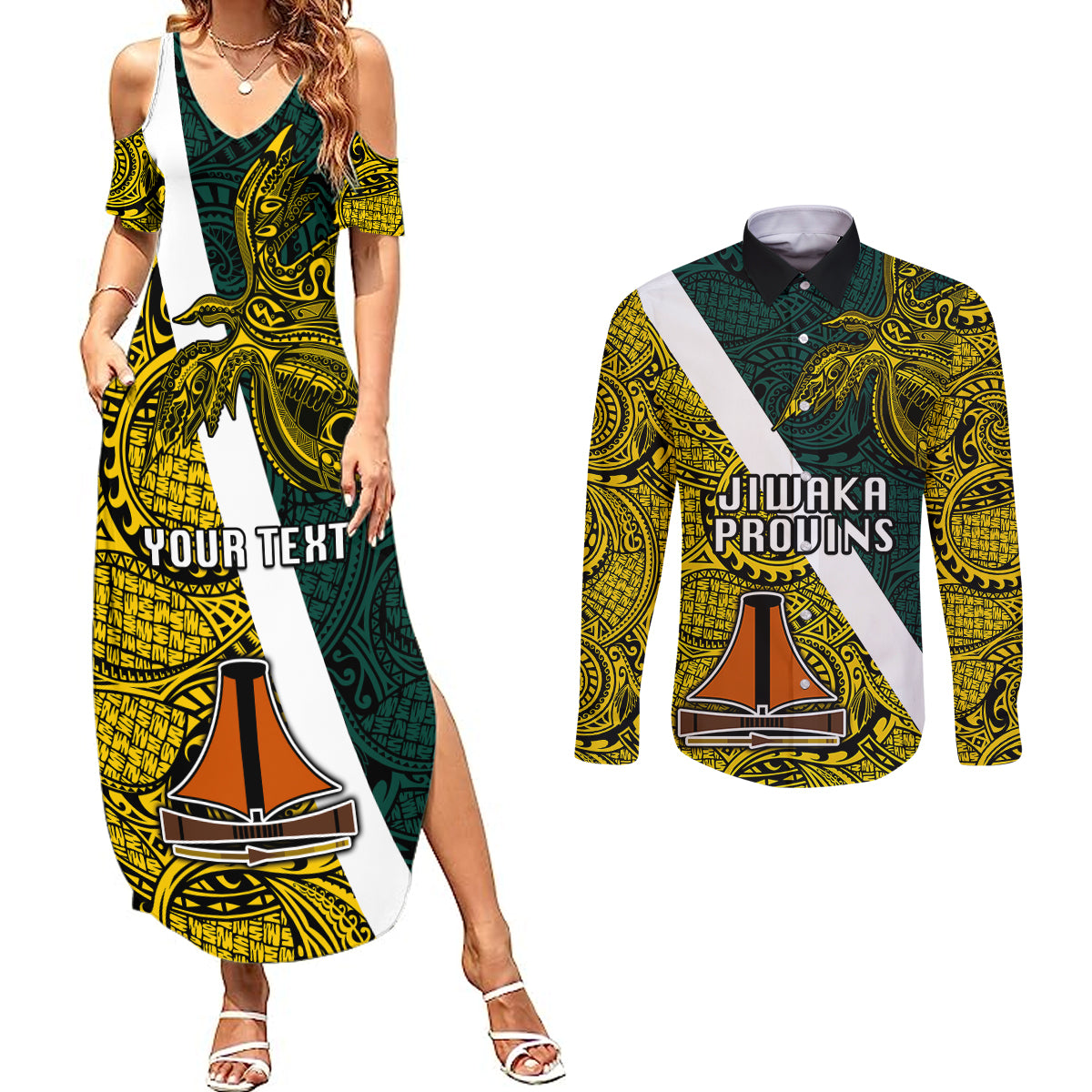 Personalised Papua New Guinea Jiwaka Province Couples Matching Summer Maxi Dress and Long Sleeve Button Shirts PNG Birds Of Paradise Polynesian Arty Style LT03 Yellow - Polynesian Pride