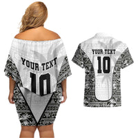 Custom Fiji Pacific Rugby 2024 Couples Matching Off Shoulder Short Dress and Hawaiian Shirt Tapa Tribal and Fijian Masi Pattern