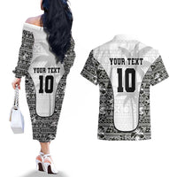 Custom Fiji Pacific Rugby 2024 Couples Matching Off The Shoulder Long Sleeve Dress and Hawaiian Shirt Tapa Tribal and Fijian Masi Pattern