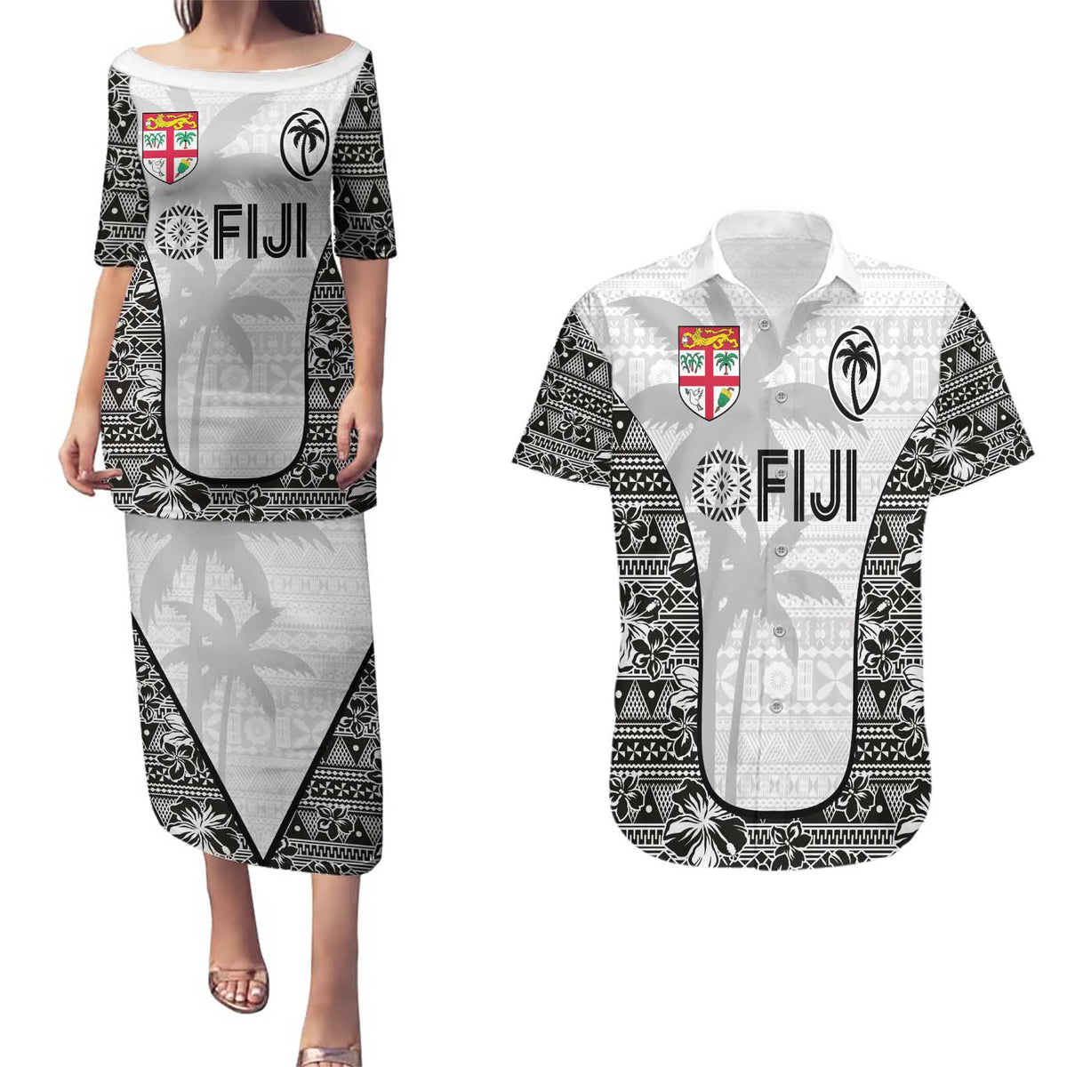 Custom Fiji Pacific Rugby 2024 Couples Matching Puletasi and Hawaiian Shirt Tapa Tribal and Fijian Masi Pattern LT03 White - Polynesian Pride