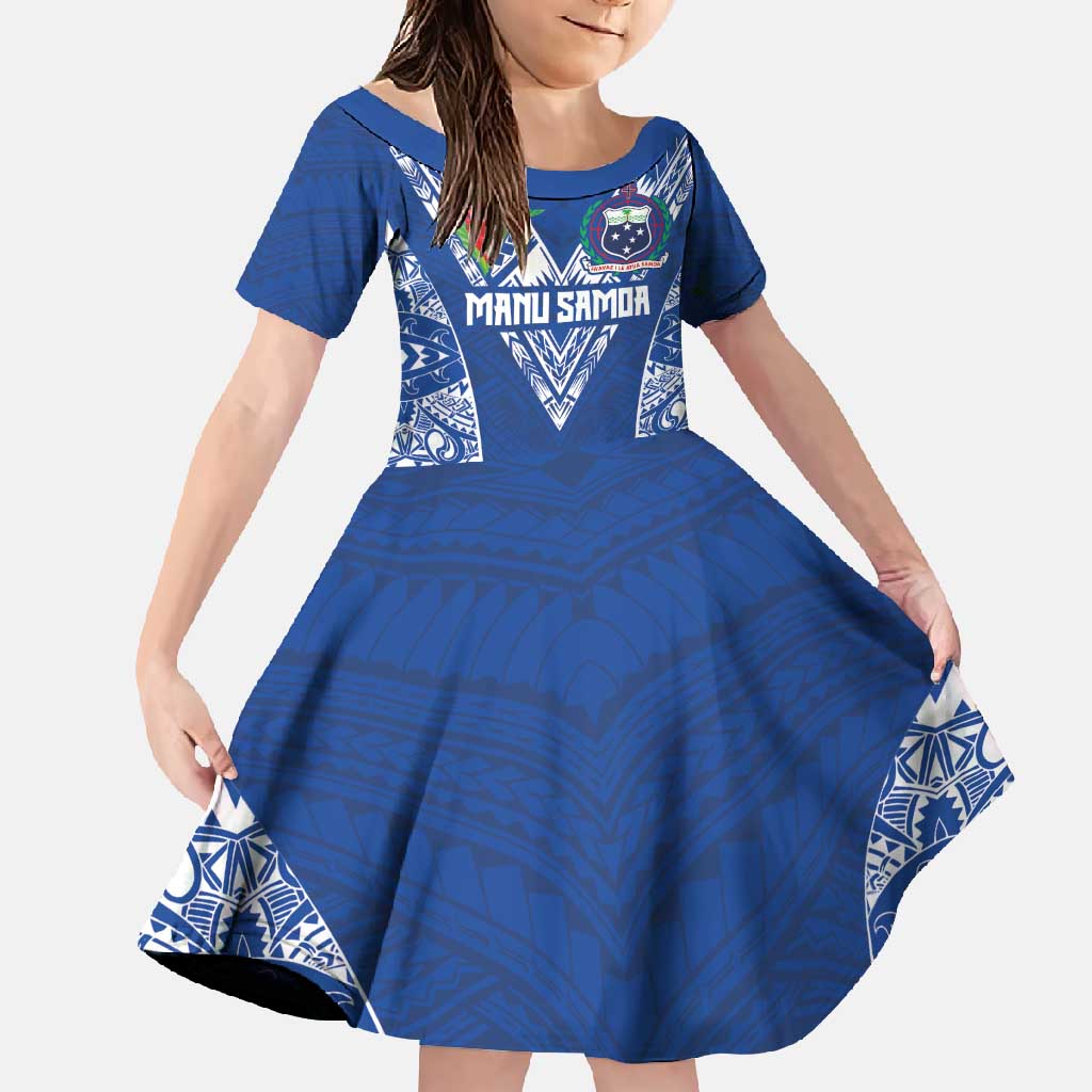 Custom Samoa Pacific Rugby 2024 Family Matching Tank Maxi Dress and Hawaiian Shirt Polynesian Pacific Tribal Pattern LT03 Daughter's Dress Blue - Polynesian Pride