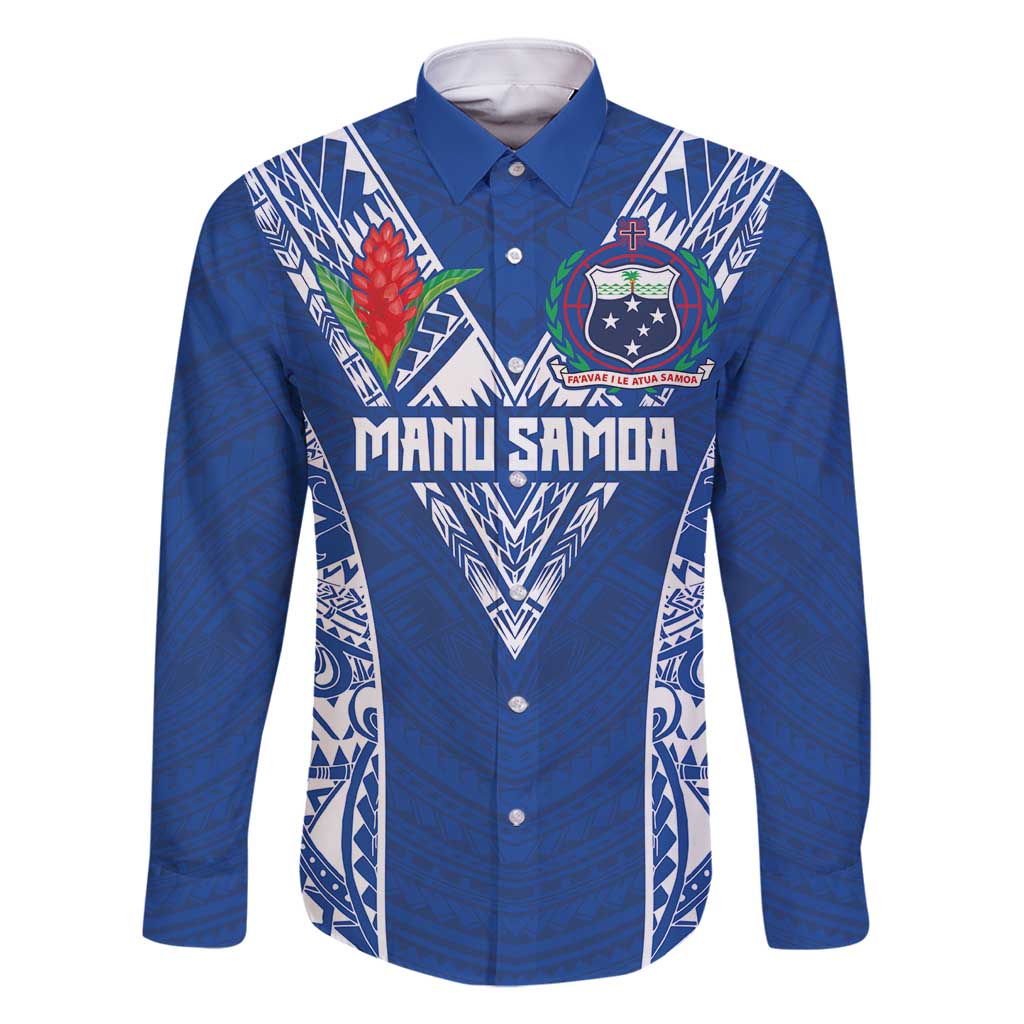 Custom Samoa Pacific Rugby 2024 Family Matching Tank Maxi Dress and Hawaiian Shirt Polynesian Pacific Tribal Pattern LT03 Dad's Shirt - Long Sleeve Blue - Polynesian Pride